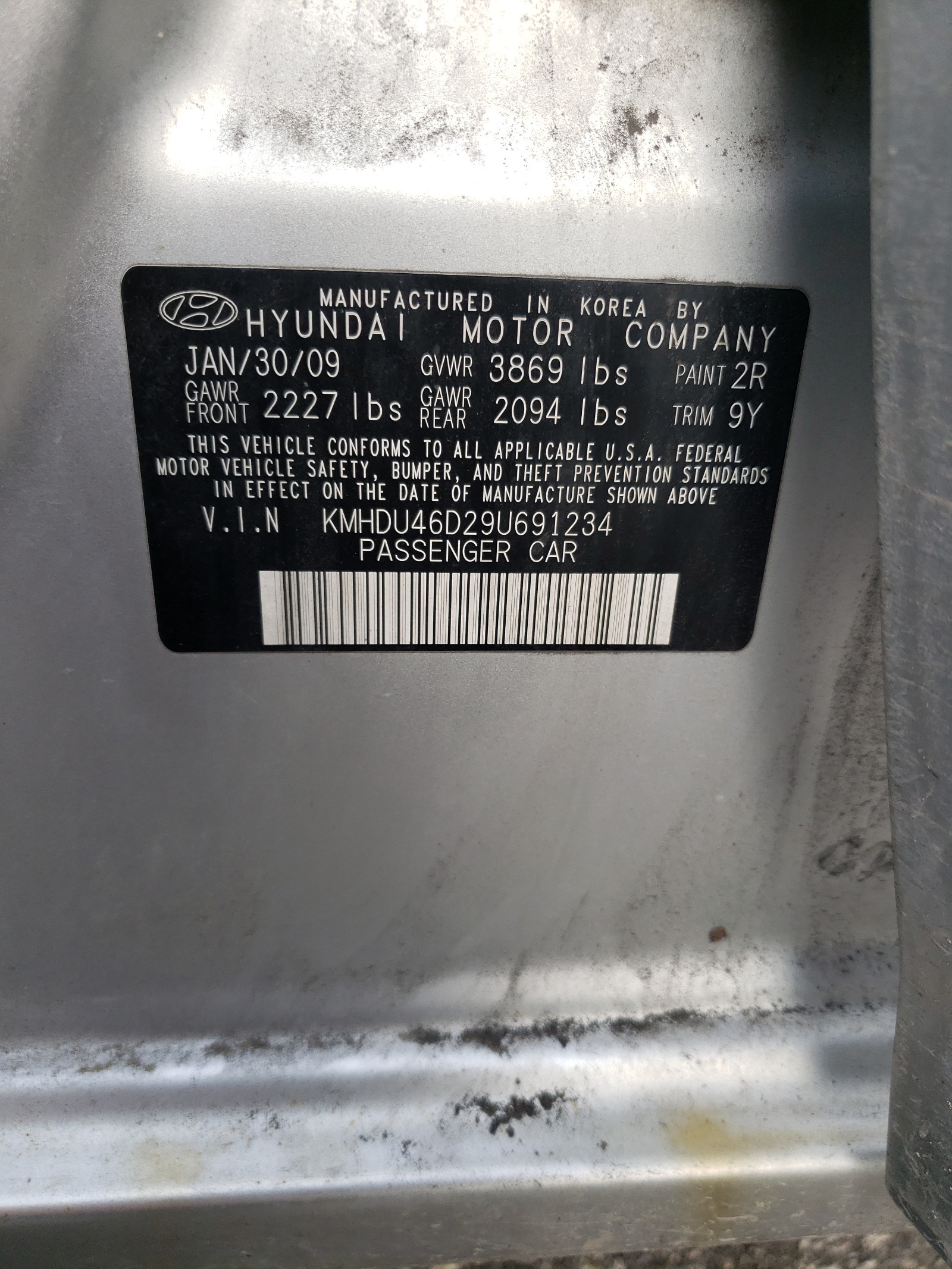 KMHDU46D29U691234 2009 Hyundai Elantra Gls