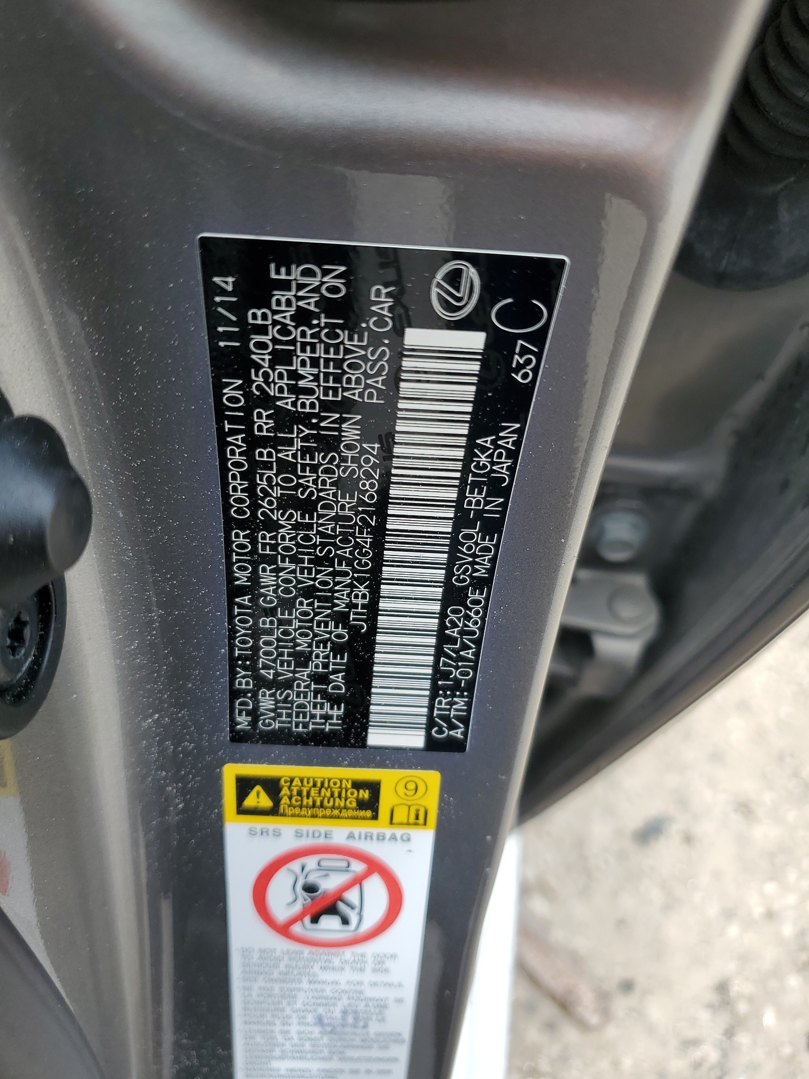 JTHBK1GG4F2168294 2015 Lexus Es 350