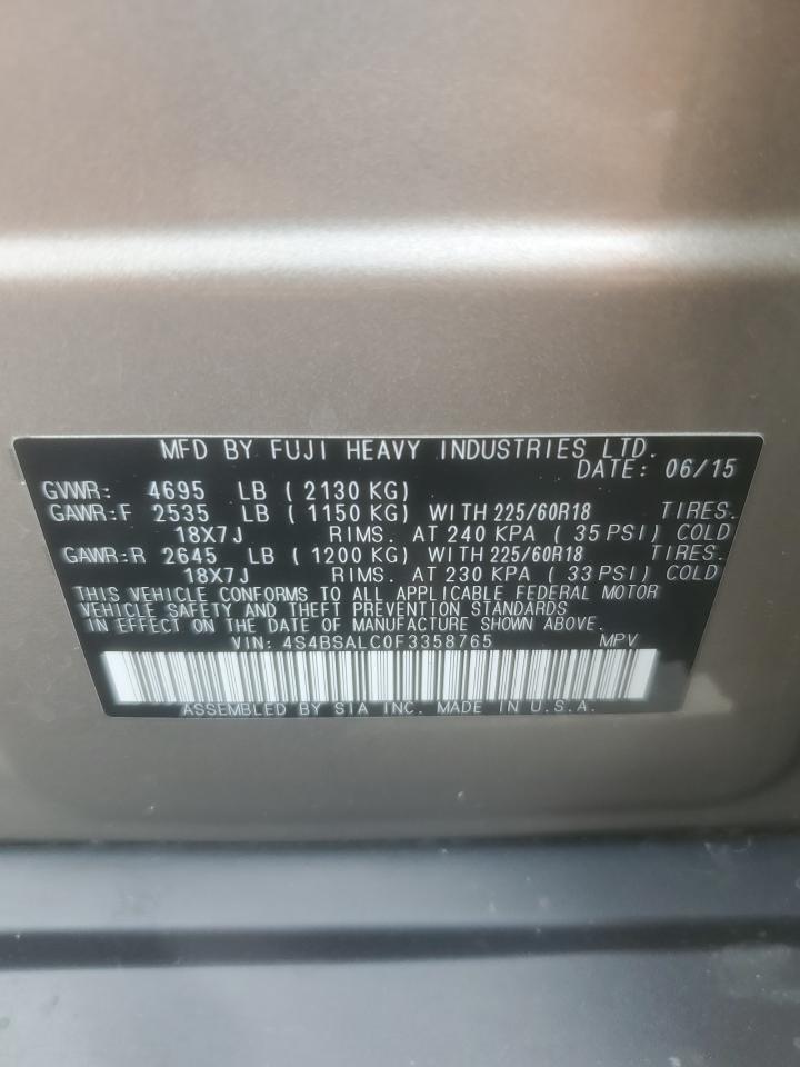 2015 Subaru Outback 2.5I Limited VIN: 4S4BSALC0F3358765 Lot: 61337724