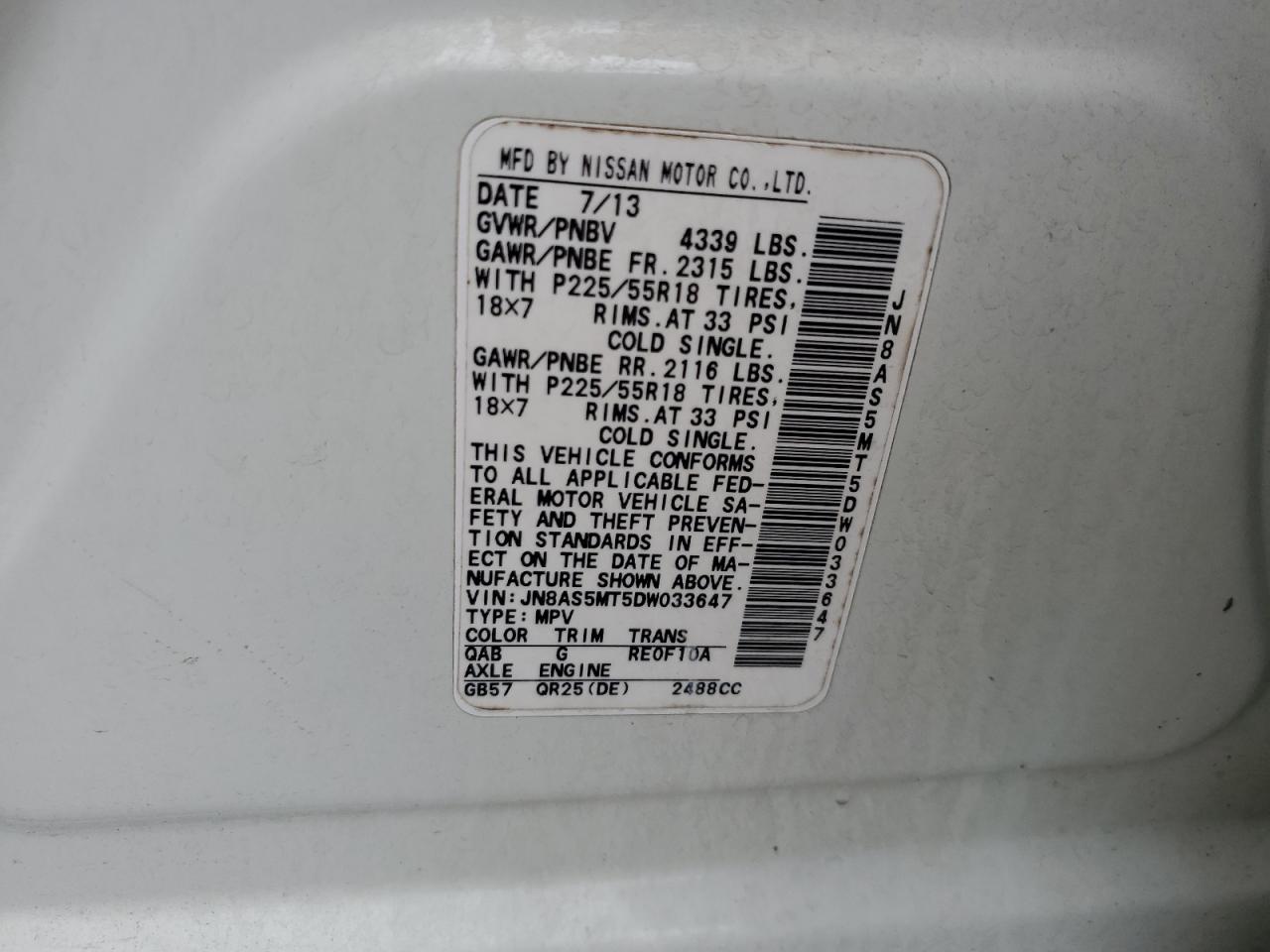 2013 Nissan Rogue S VIN: JN8AS5MT5DW033647 Lot: 62444324