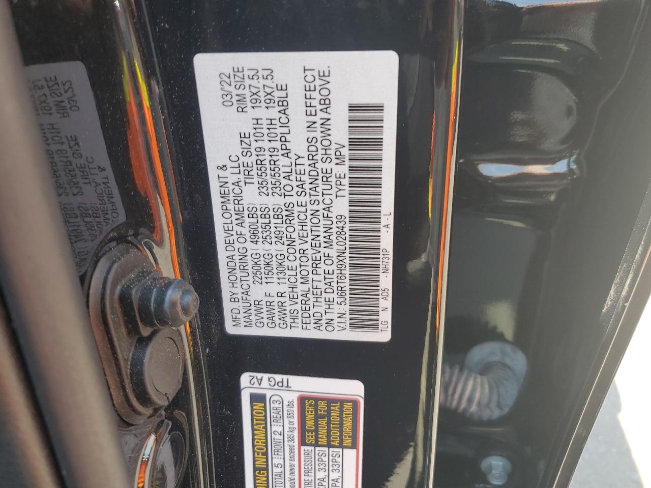 2022 Honda Cr-V Touring VIN: 5J6RT6H9XNL028439 Lot: 63080514