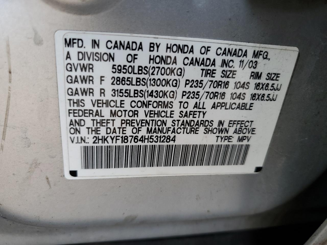 2004 Honda Pilot Exl VIN: 2HKYF18764H531284 Lot: 64303734