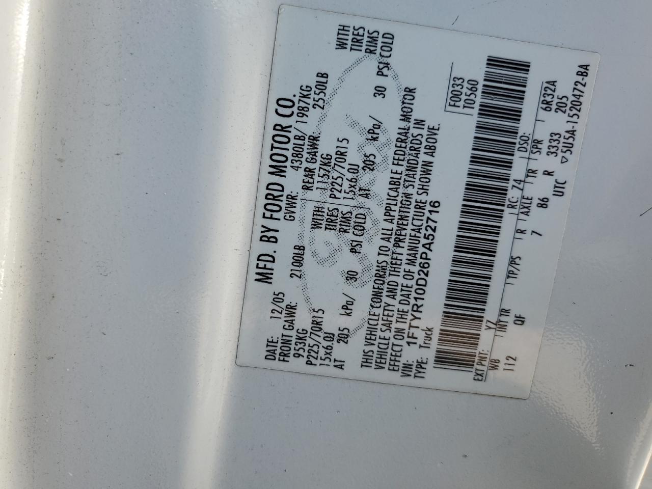 2006 Ford Ranger VIN: 1FTYR10D26PA52716 Lot: 63908444