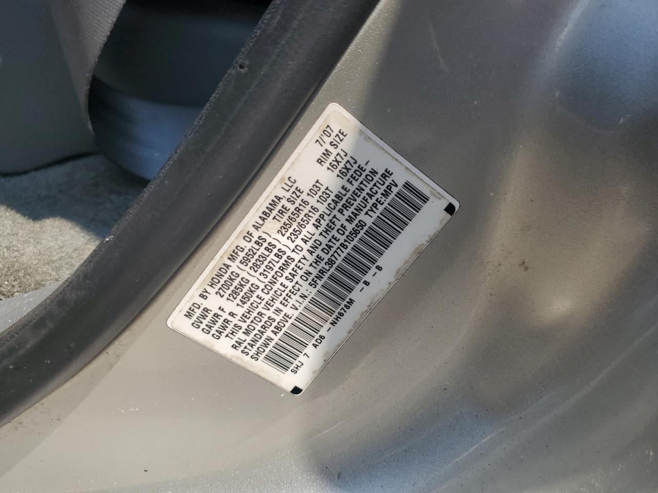 2007 Honda Odyssey Exl VIN: 5FNRL38777B105650 Lot: 63150434