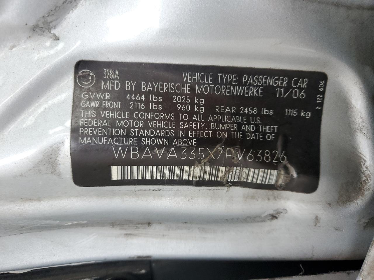 2007 BMW 328 I VIN: WBAVA335X7PV63826 Lot: 62844864
