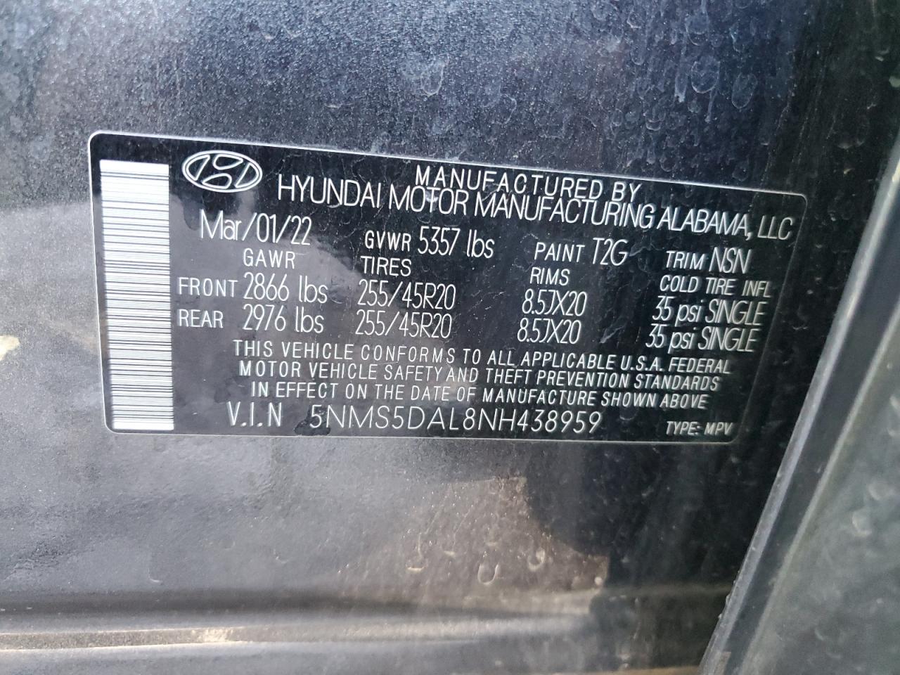 2022 Hyundai Santa Fe Calligraphy VIN: 5NMS5DAL8NH438959 Lot: 65243574