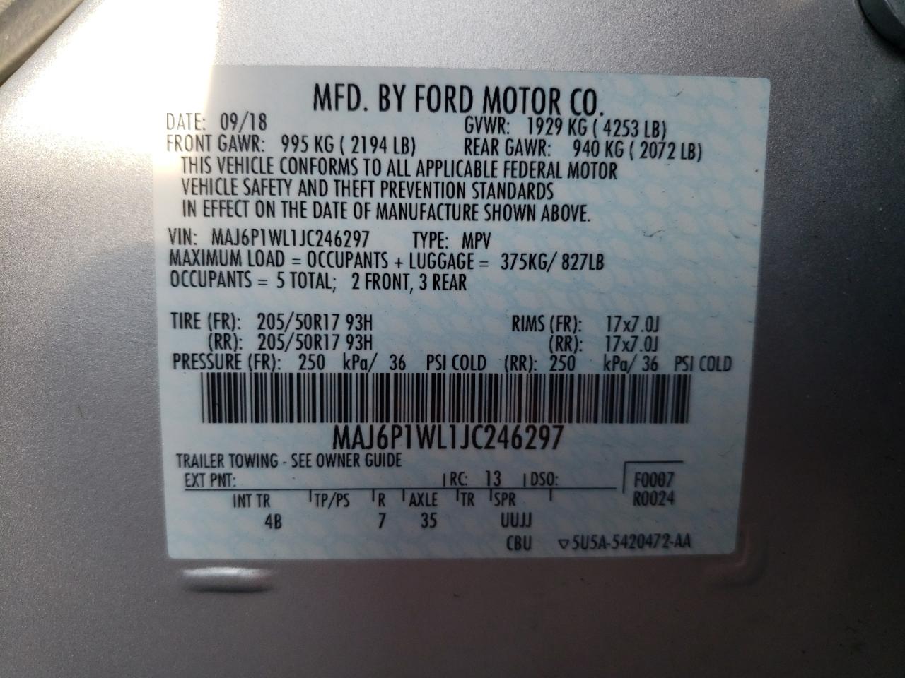 2018 Ford Ecosport Titanium VIN: MAJ6P1WL1JC246297 Lot: 62549914