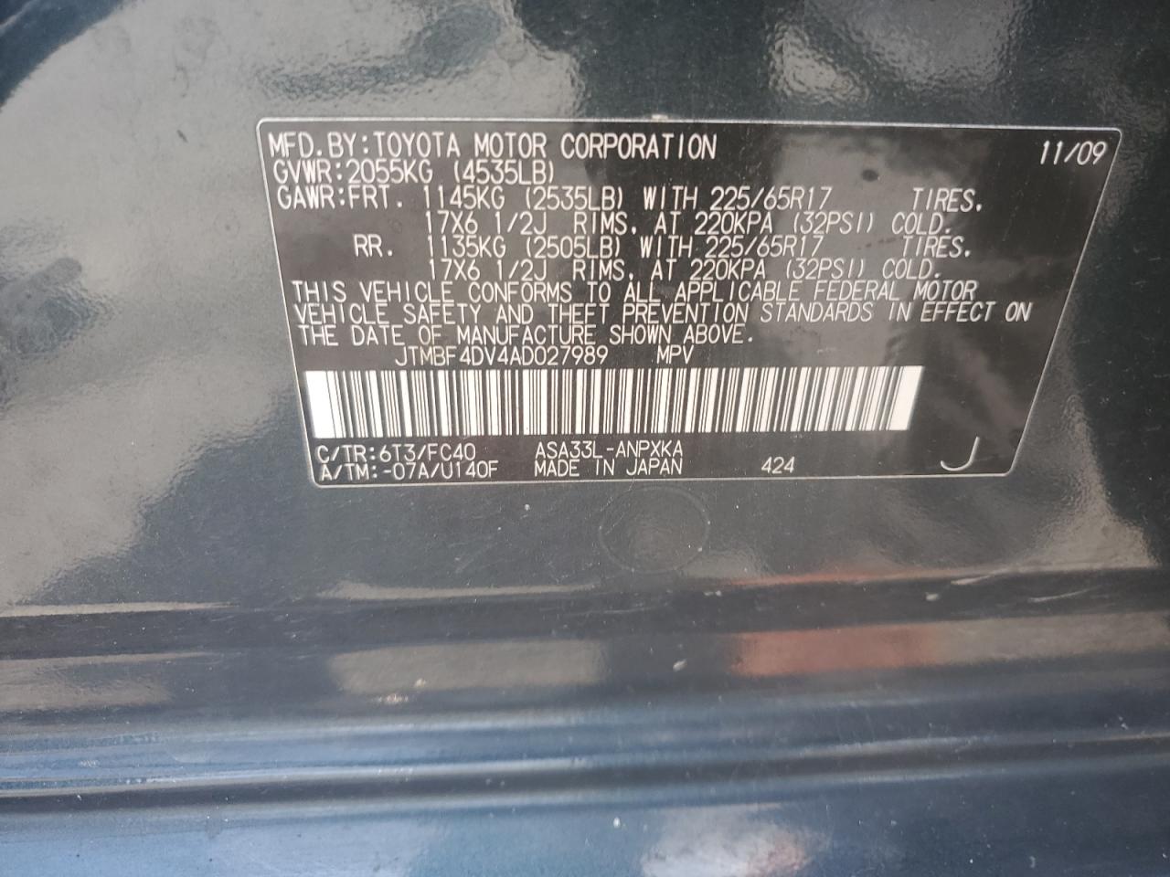 2010 Toyota Rav4 VIN: JTMBF4DV4AD027989 Lot: 62791874