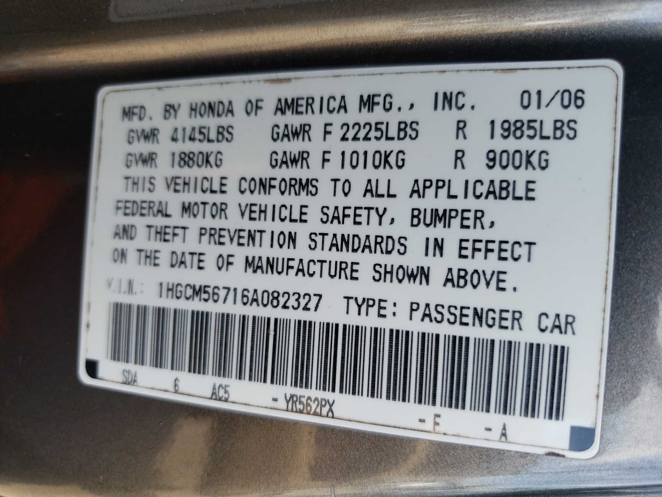 1HGCM56716A082327 2006 Honda Accord Ex