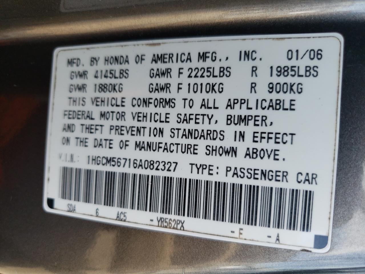 2006 Honda Accord Ex VIN: 1HGCM56716A082327 Lot: 63756254