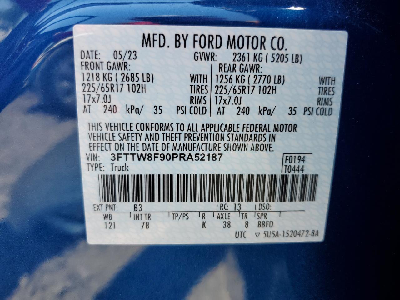 2023 Ford Maverick Xl VIN: 3FTTW8F90PRA52187 Lot: 62713594