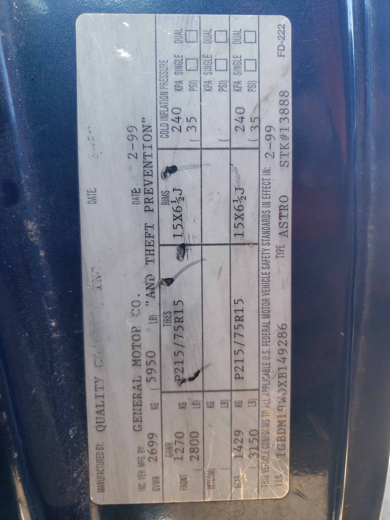 1GBDM19W0XB149286 1999 Chevrolet Astro