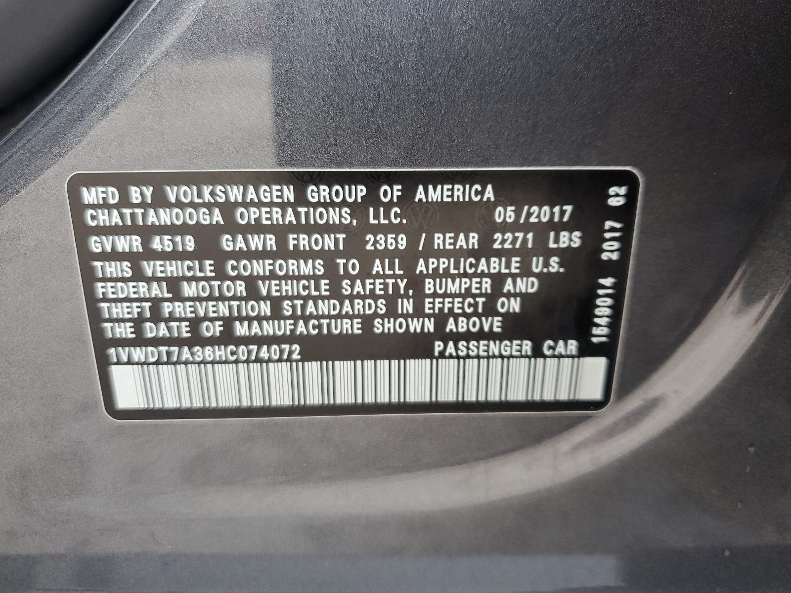 1VWDT7A36HC074072 2017 Volkswagen Passat R-Line