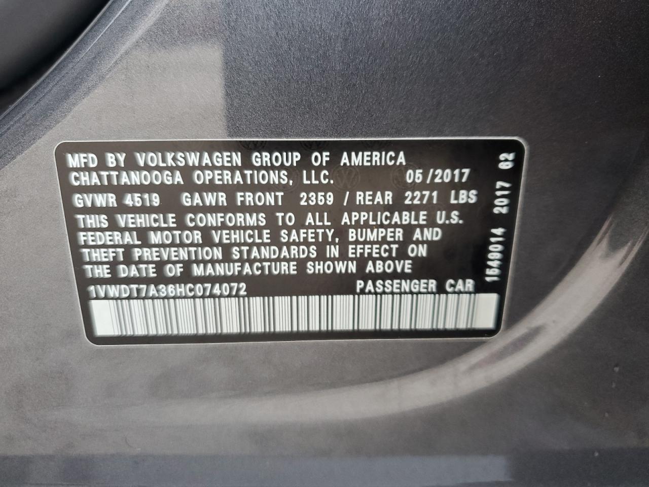 2017 Volkswagen Passat R-Line VIN: 1VWDT7A36HC074072 Lot: 64199254
