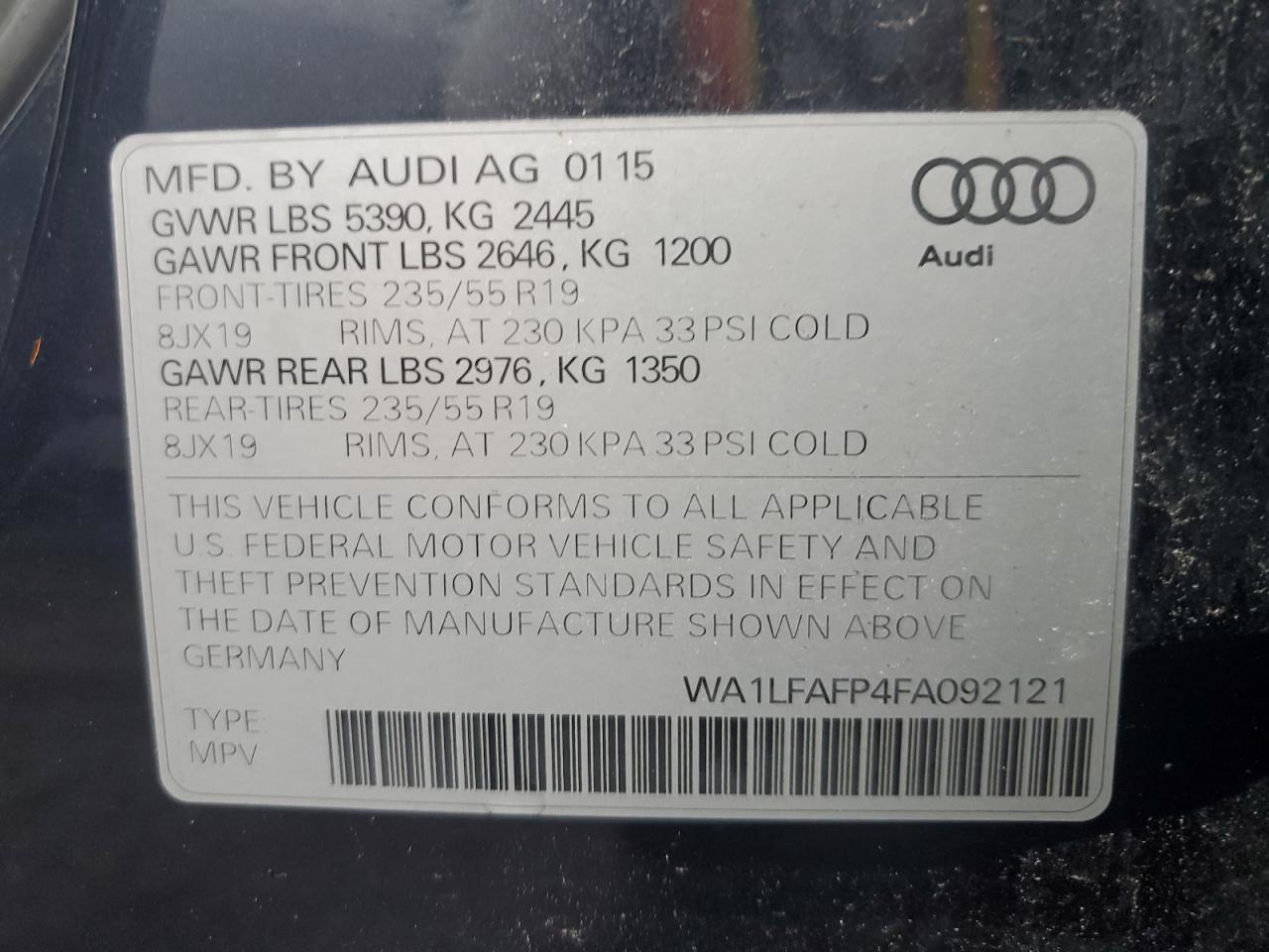 2015 Audi Q5 Premium Plus VIN: WA1LFAFP4FA092121 Lot: 63197914