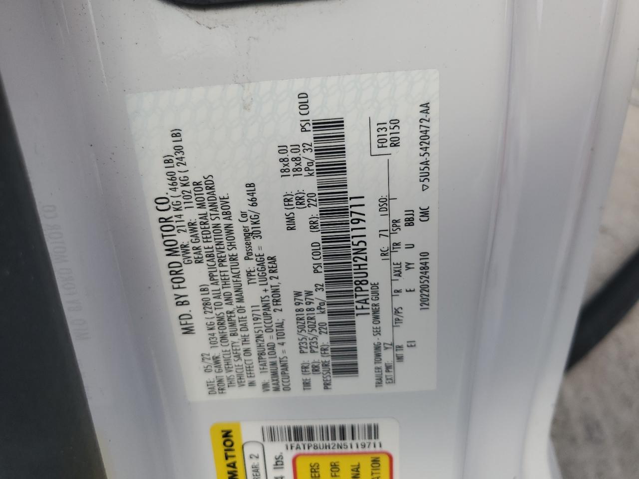 2022 Ford Mustang VIN: 1FATP8UH2N5119711 Lot: 63076614