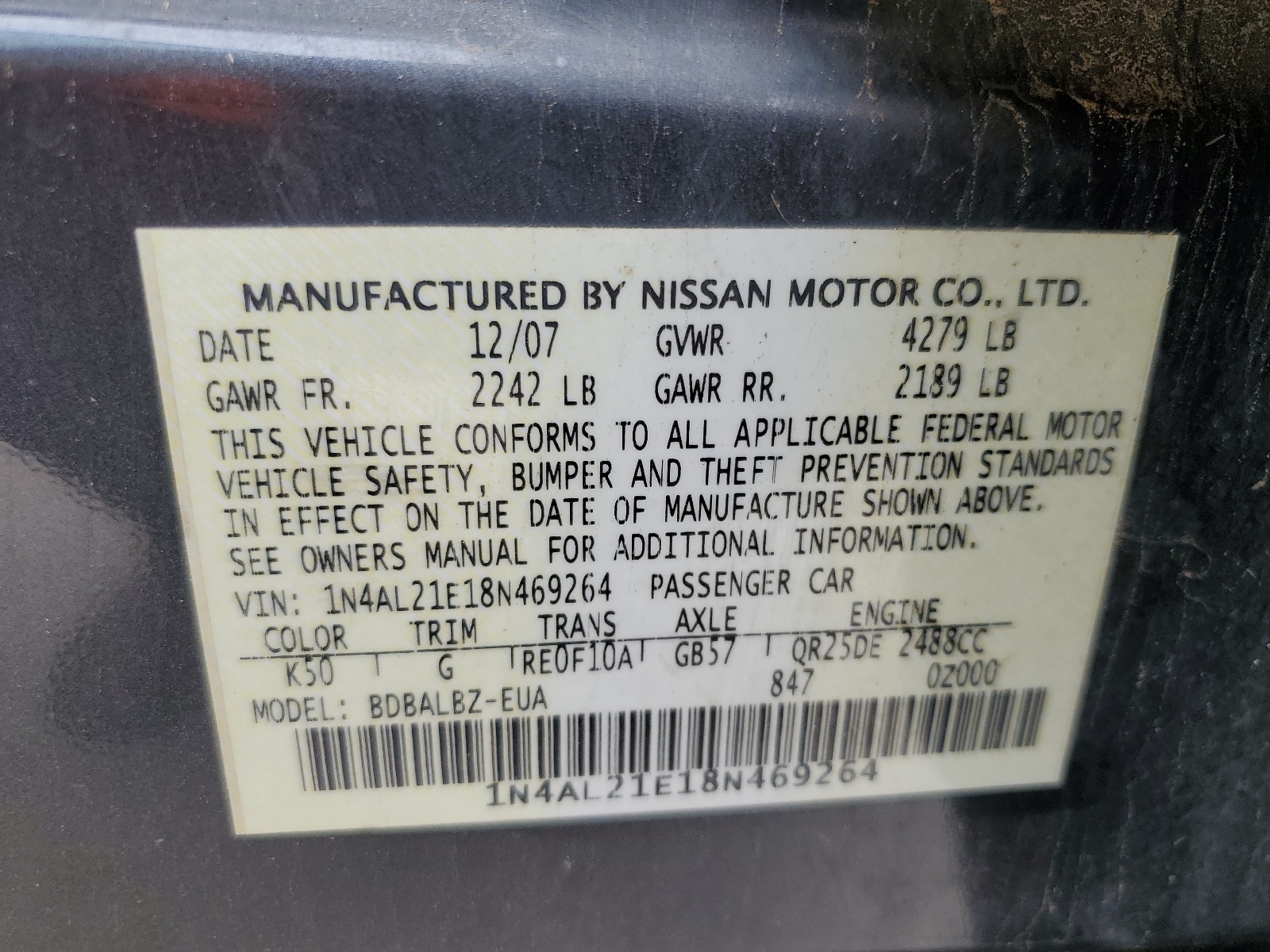 1N4AL21E18N469264 2008 Nissan Altima 2.5