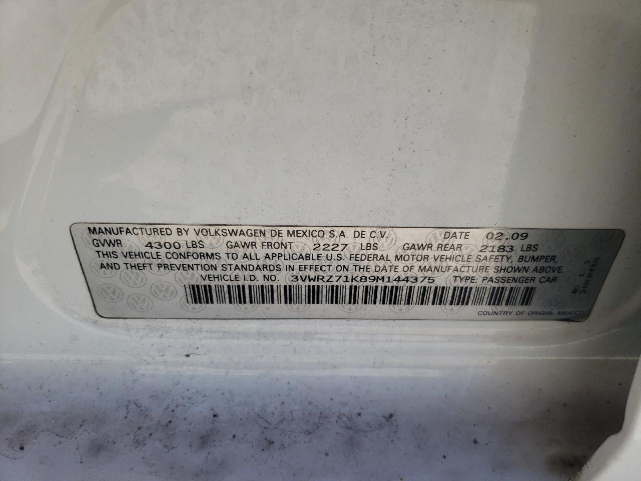 2009 Volkswagen Jetta Se VIN: 3VWRZ71K89M144375 Lot: 62106174