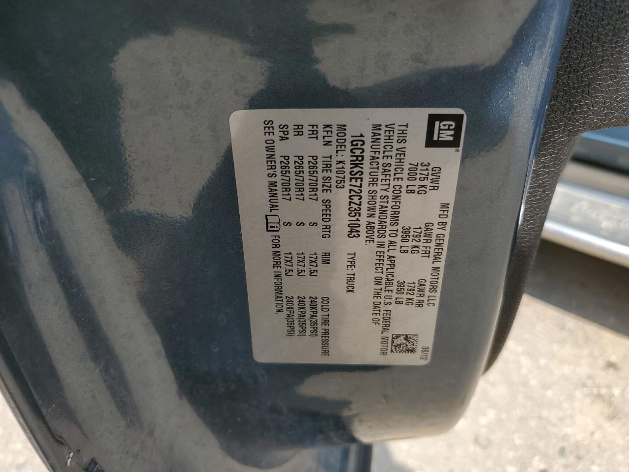 2012 Chevrolet Silverado K1500 Lt VIN: 1GCRKSE72CZ351043 Lot: 64977434