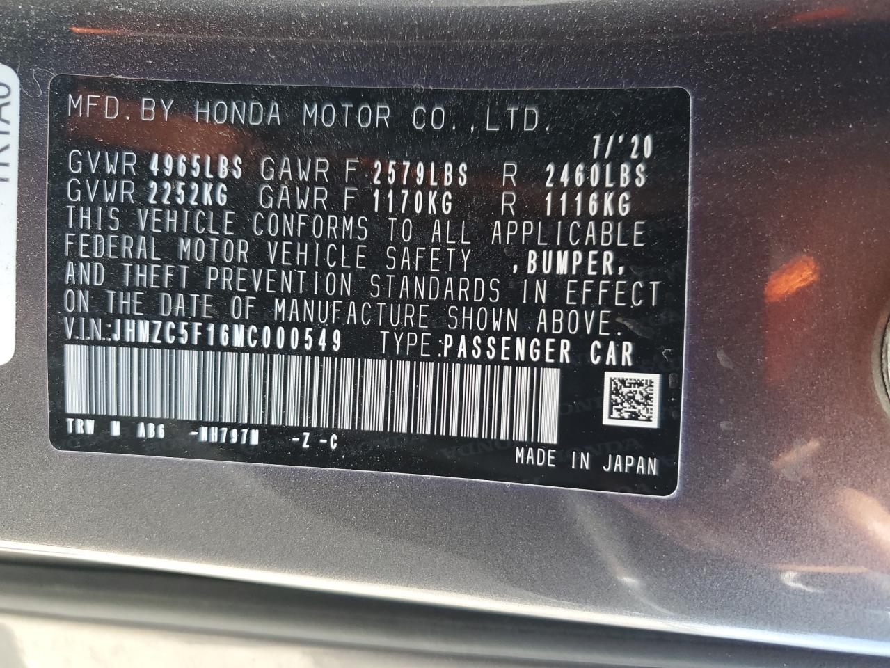 2021 Honda Clarity VIN: JHMZC5F16MC000549 Lot: 63931584