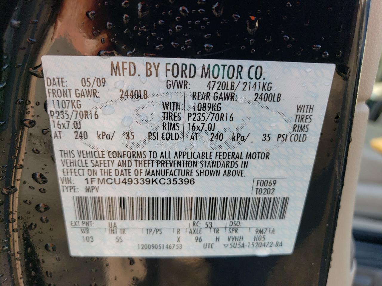 2009 Ford Escape Hybrid VIN: 1FMCU49339KC35396 Lot: 63084364