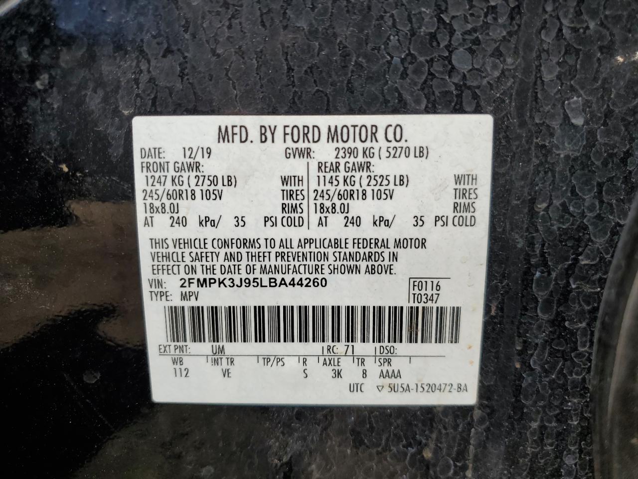 2020 Ford Edge Sel VIN: 2FMPK3J95LBA44260 Lot: 63726864