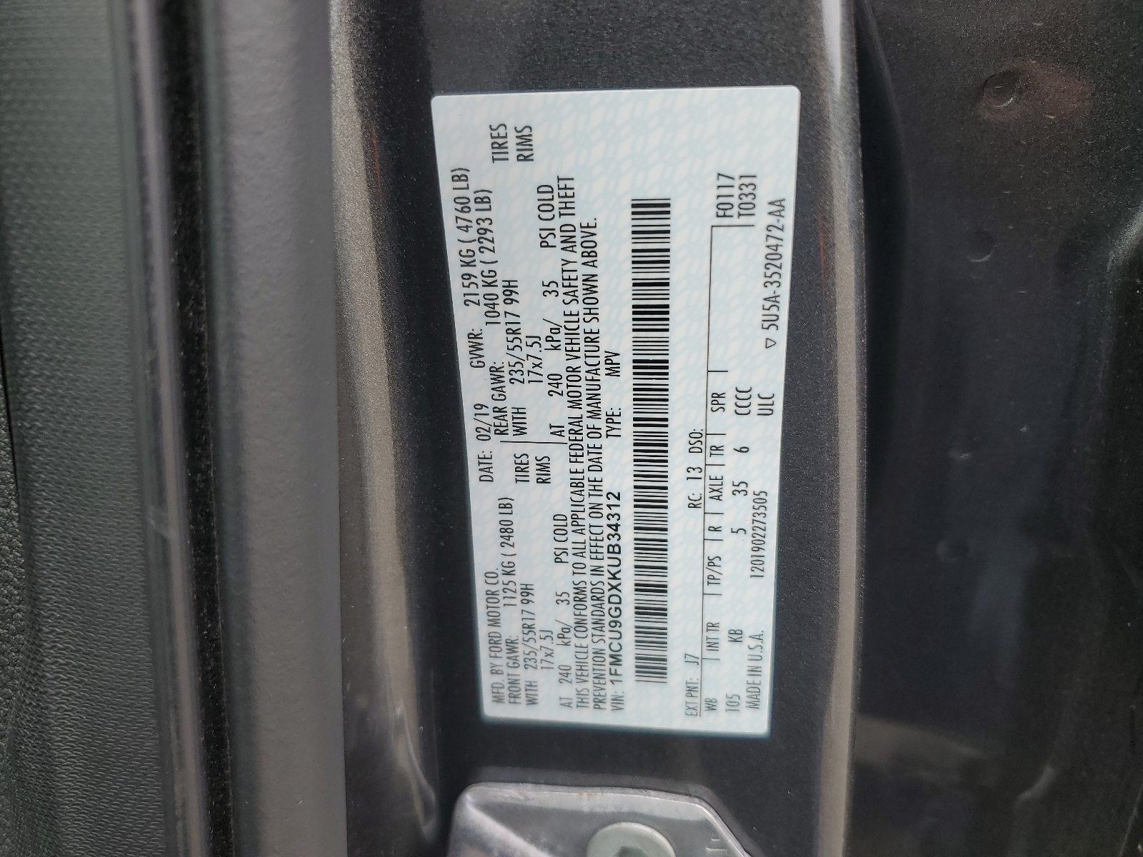 1FMCU9GDXKUB34312 2019 Ford Escape Se