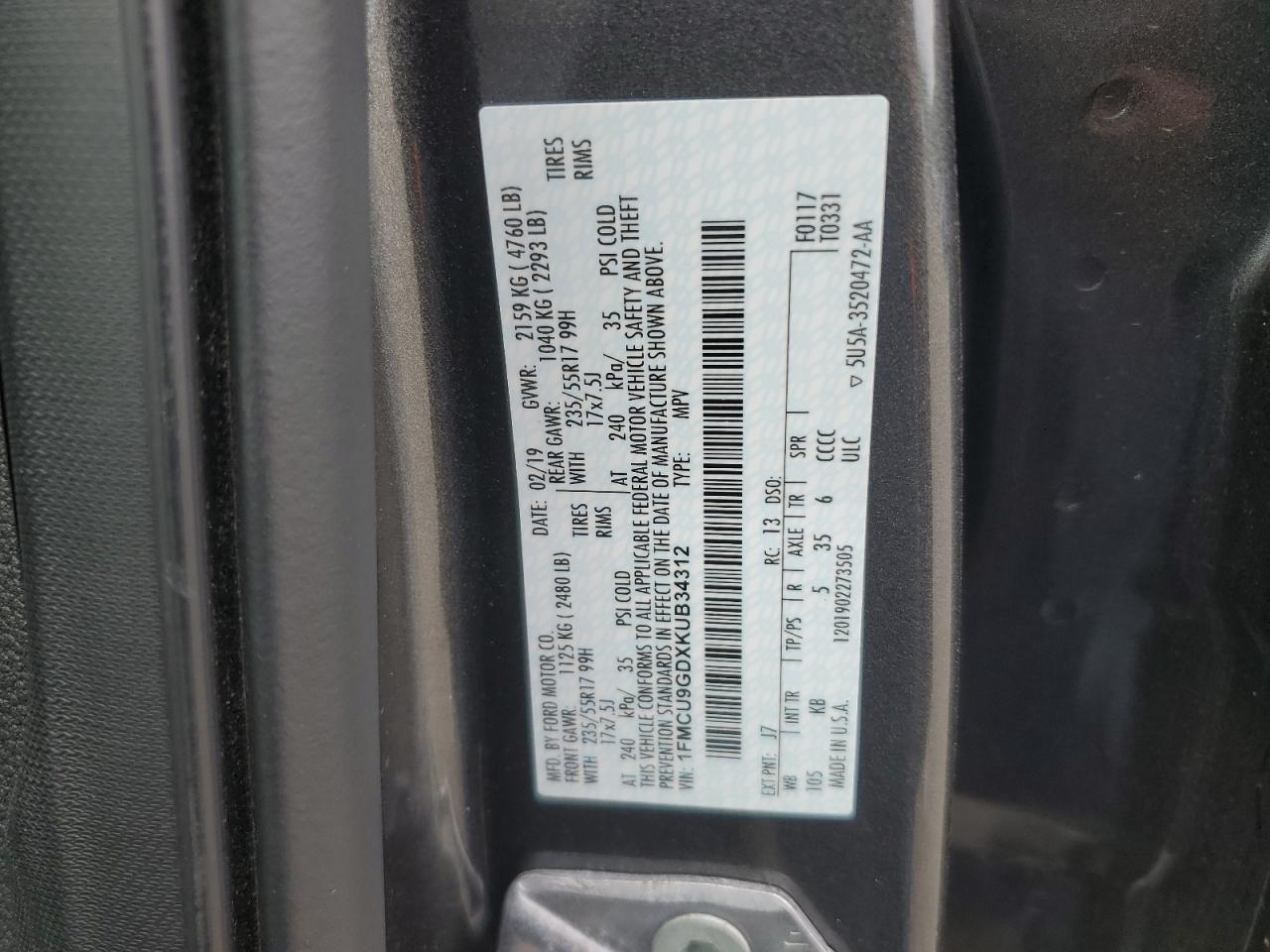 2019 Ford Escape Se VIN: 1FMCU9GDXKUB34312 Lot: 65029444