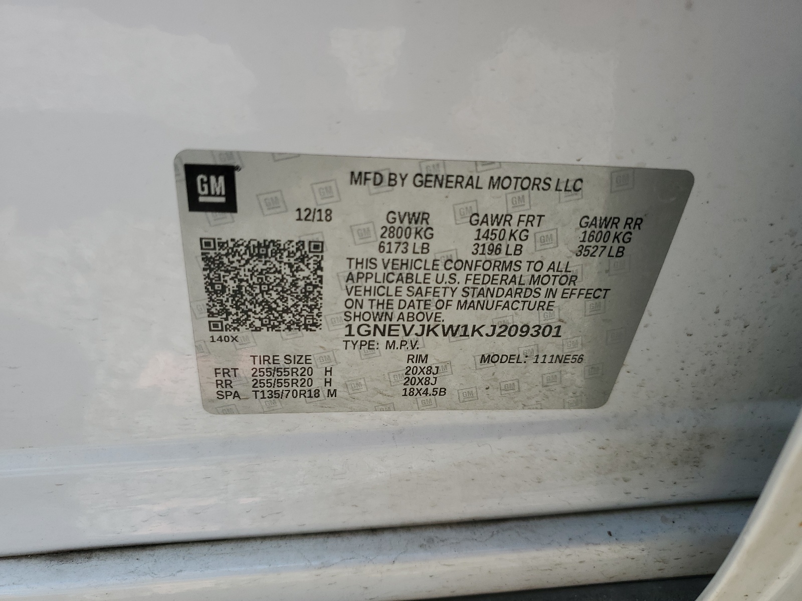 1GNEVJKW1KJ209301 2019 Chevrolet Traverse High Country