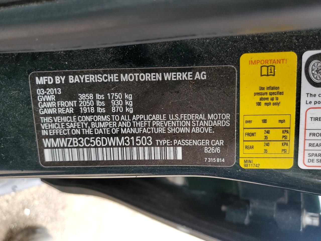 2013 Mini Cooper Countryman VIN: WMWZB3C56DWM31503 Lot: 62732624