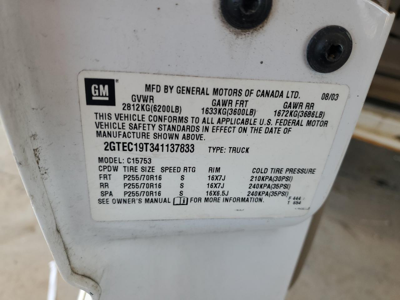 2004 GMC New Sierra C1500 VIN: 2GTEC19T341137833 Lot: 62844334