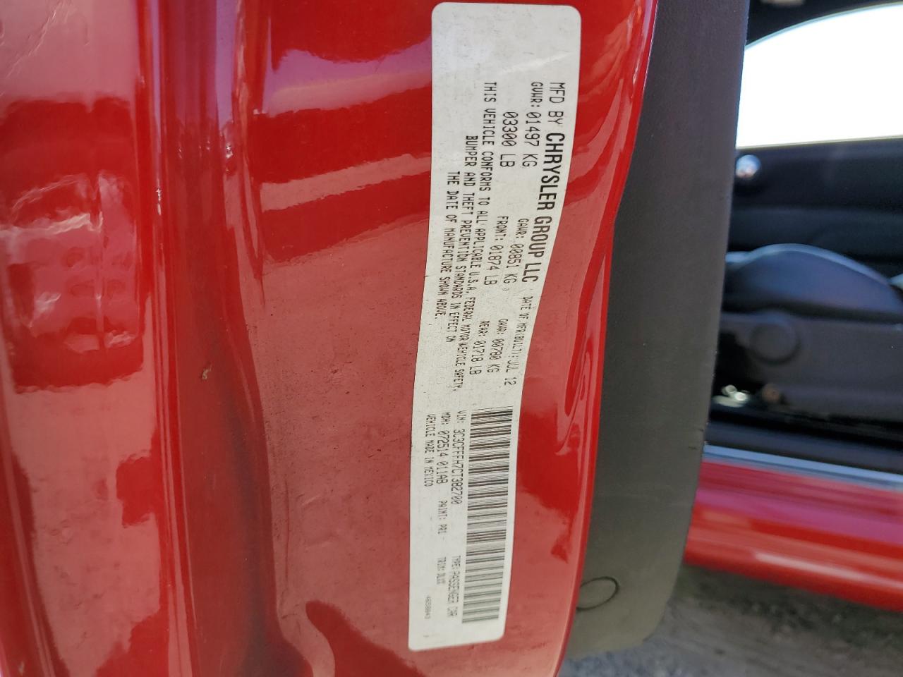 2012 Fiat 500 Abarth VIN: 3C3CFFFH7CT382700 Lot: 63697974