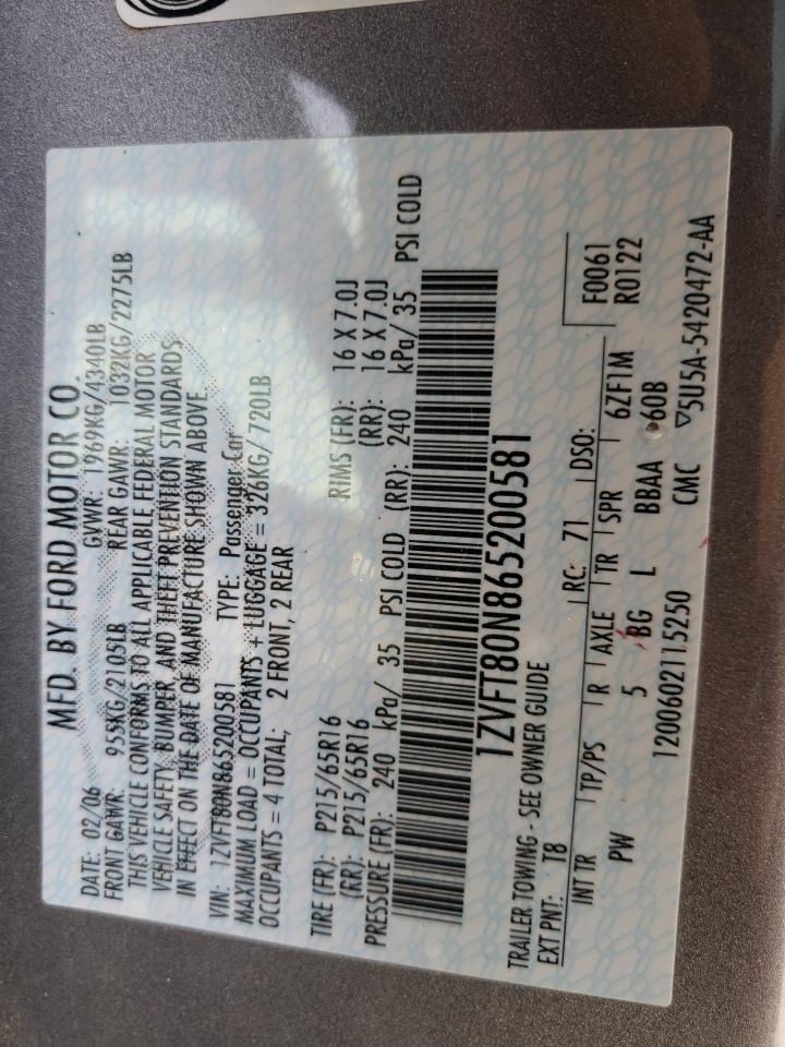 2006 Ford Mustang VIN: 1ZVFT80N865200581 Lot: 63222094