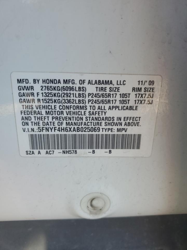 2010 Honda Pilot Exl VIN: 5FNYF4H6XAB025069 Lot: 61209884