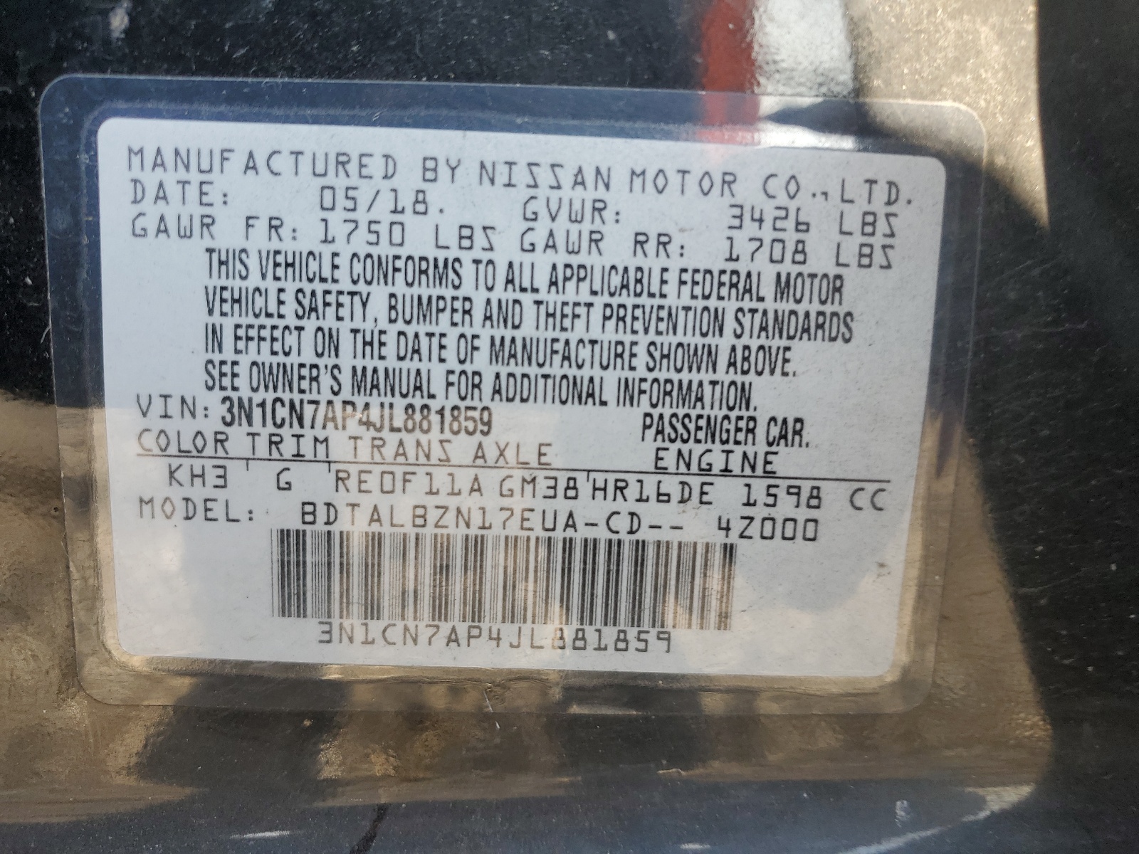 3N1CN7AP4JL881859 2018 Nissan Versa S