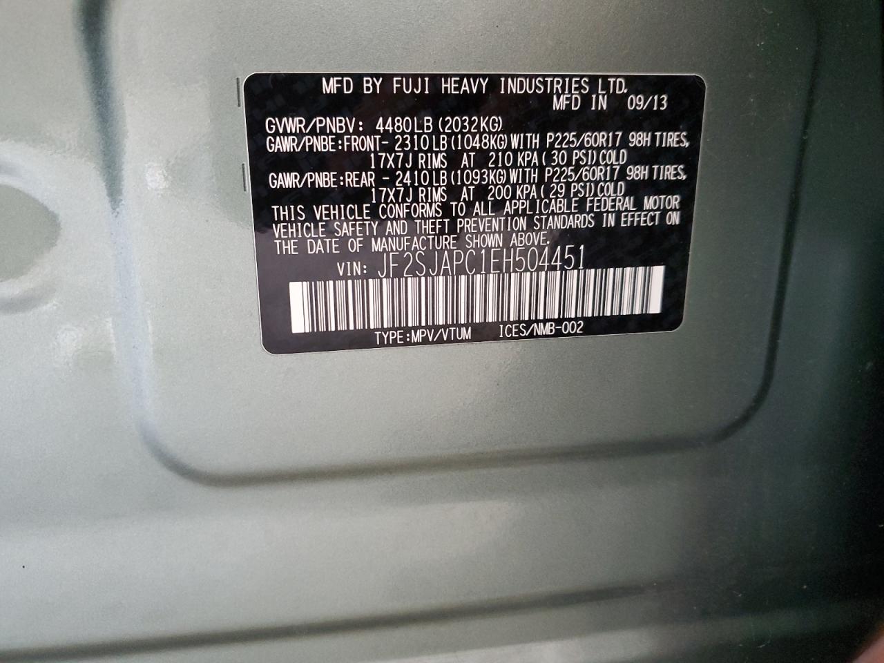 2014 Subaru Forester 2.5I Touring VIN: JF2SJAPC1EH504451 Lot: 64674994