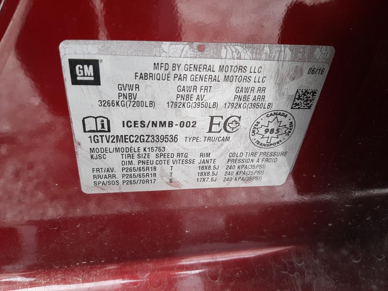 1GTV2MEC2GZ339536 2016 GMC Sierra K1500 Sle