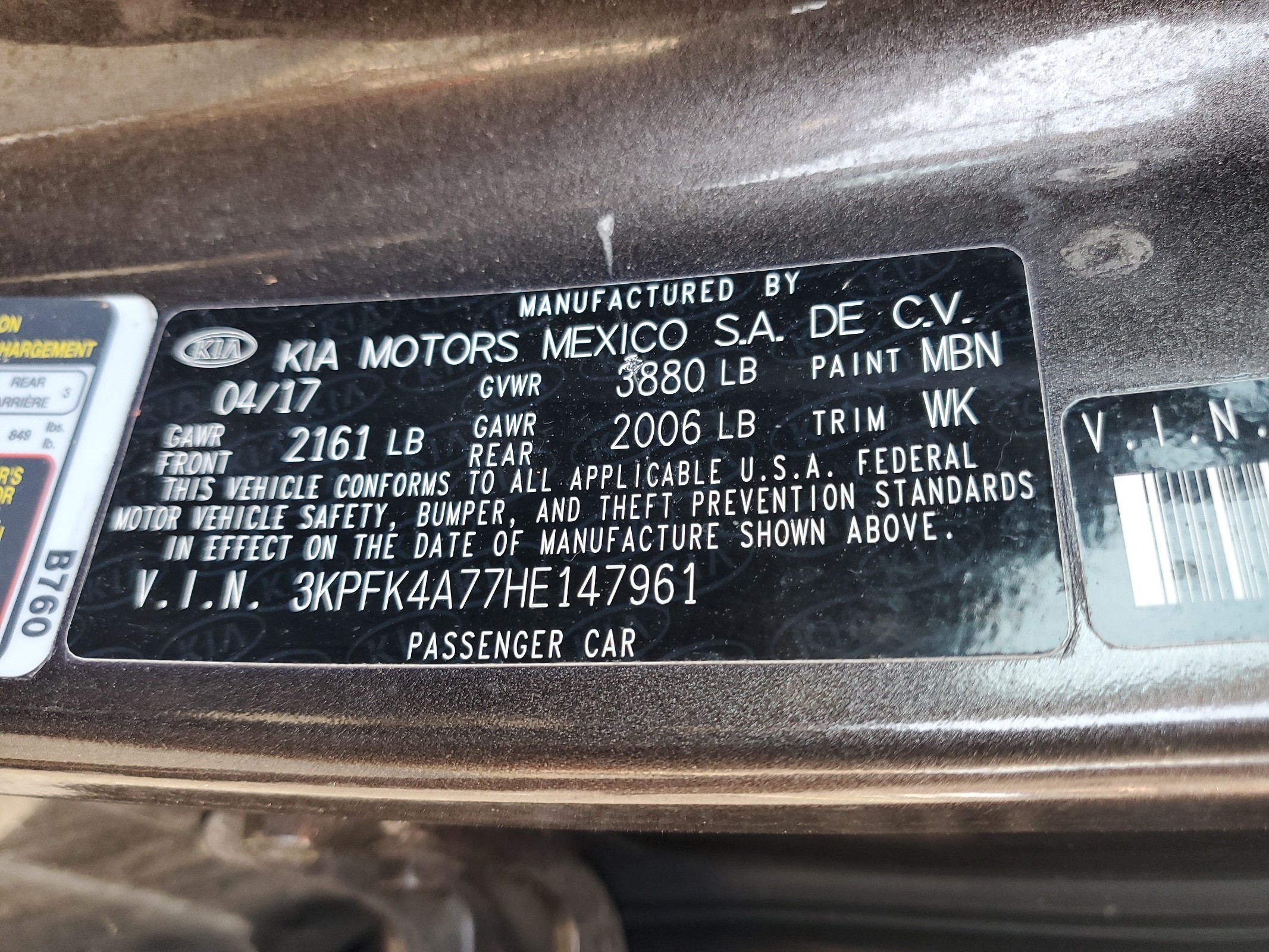 3KPFK4A77HE147961 2017 Kia Forte Lx