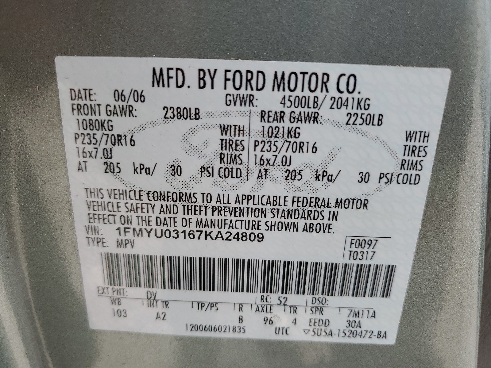 1FMYU03167KA24809 2007 Ford Escape Xlt
