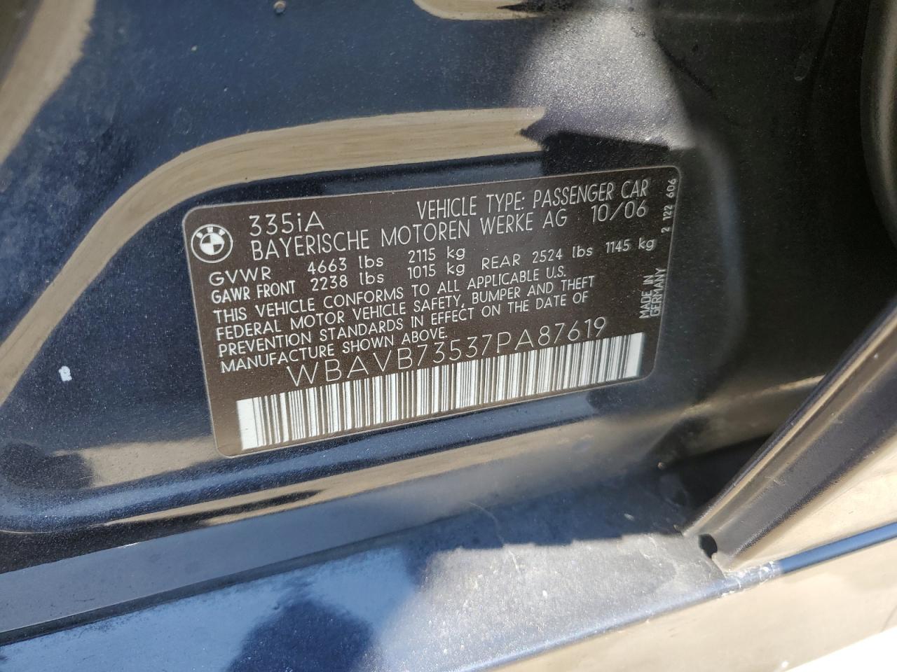 2007 BMW 335 I VIN: WBAVB73537PA87619 Lot: 63996094