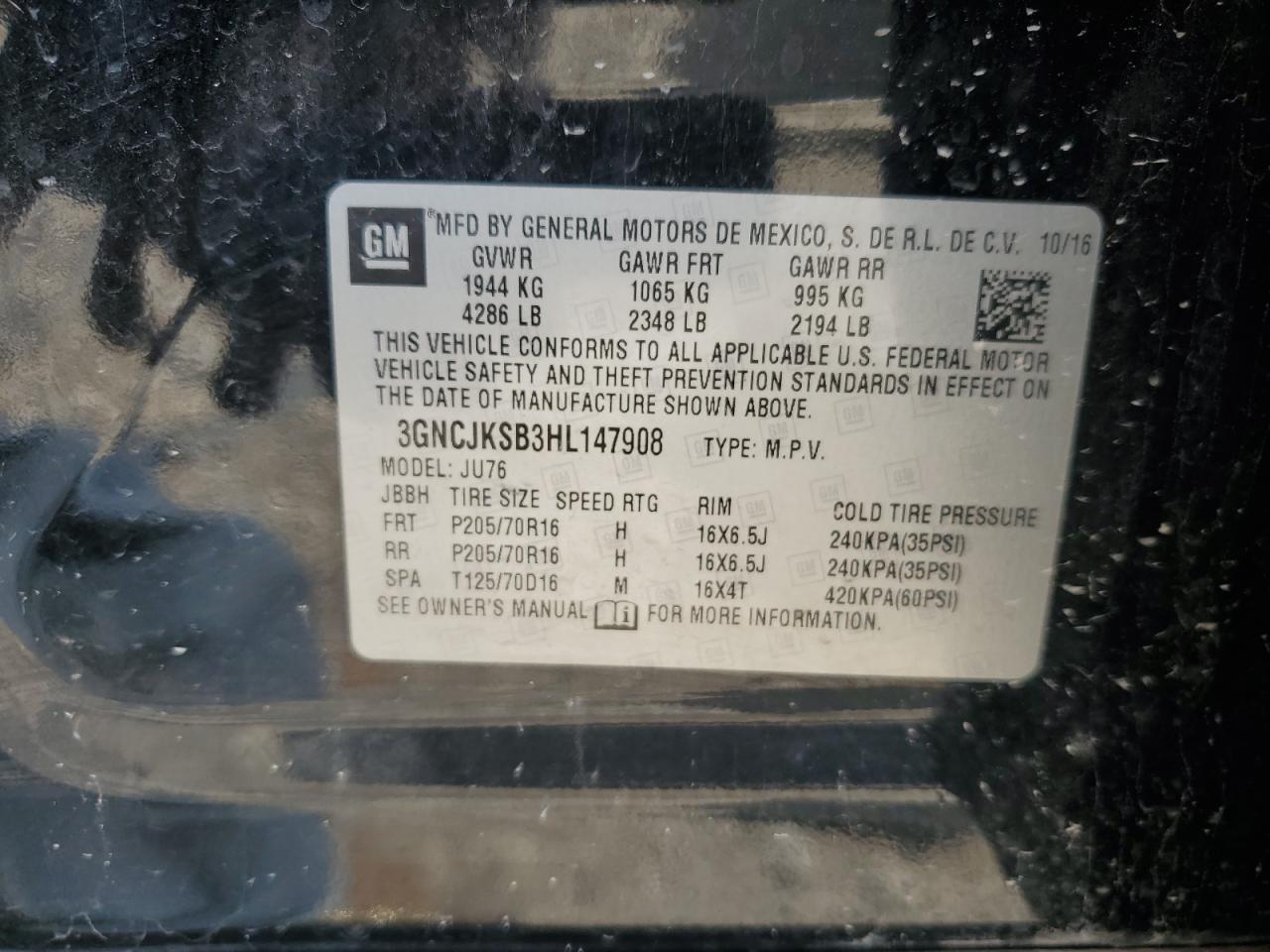 2017 Chevrolet Trax Ls VIN: 3GNCJKSB3HL147908 Lot: 63257074