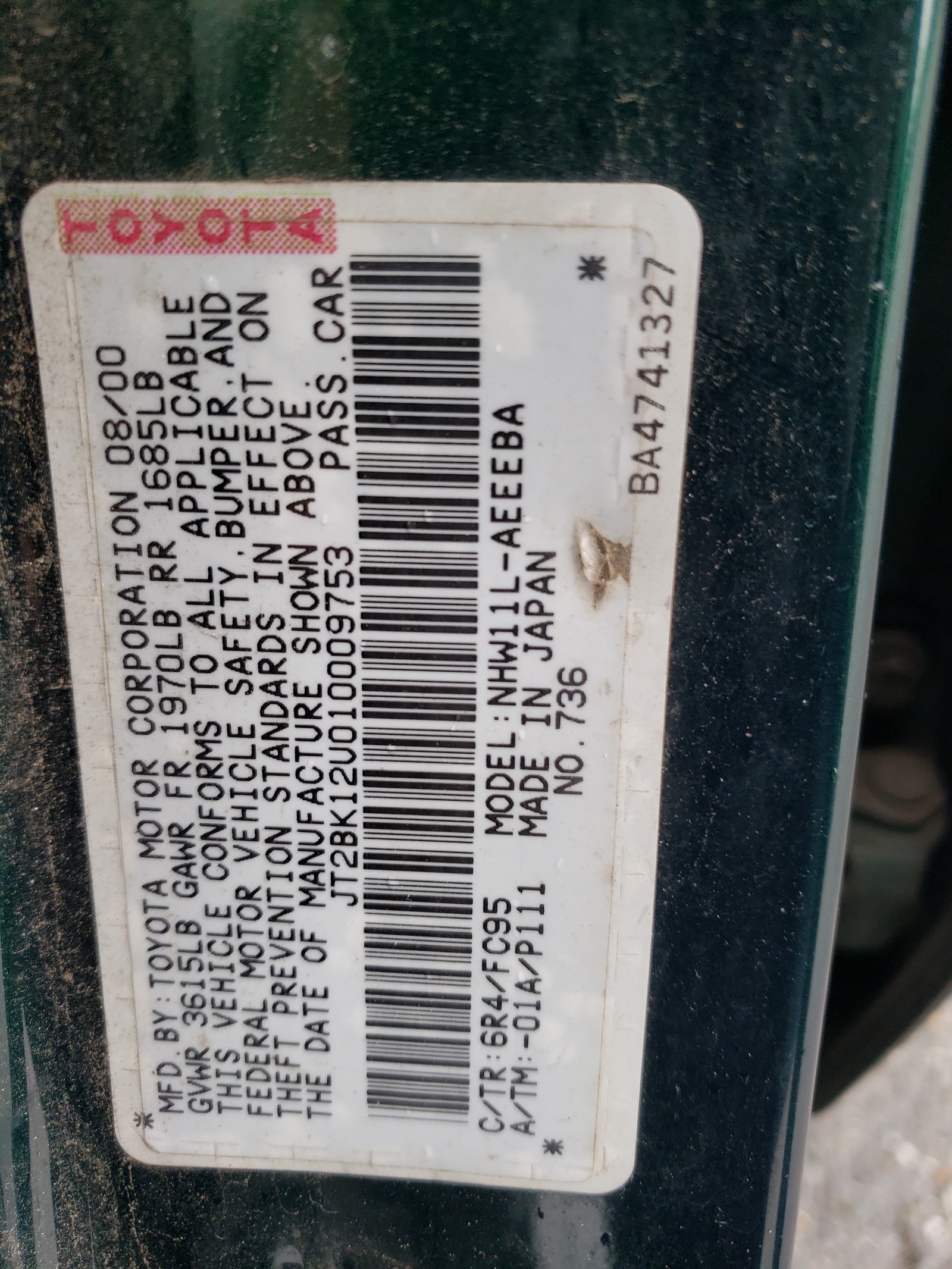 JT2BK12U010009753 2001 Toyota Prius