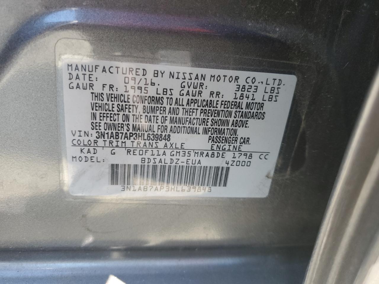 3N1AB7AP3HL639848 2017 Nissan Sentra S