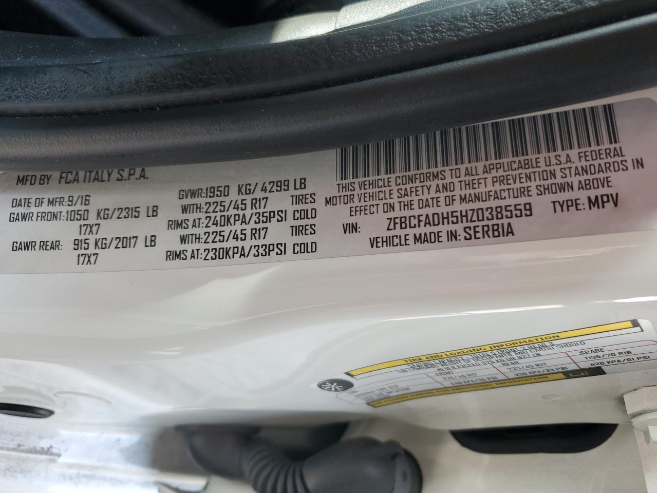 2017 Fiat 500L Trekking VIN: ZFBCFADH5HZ038559 Lot: 63556554