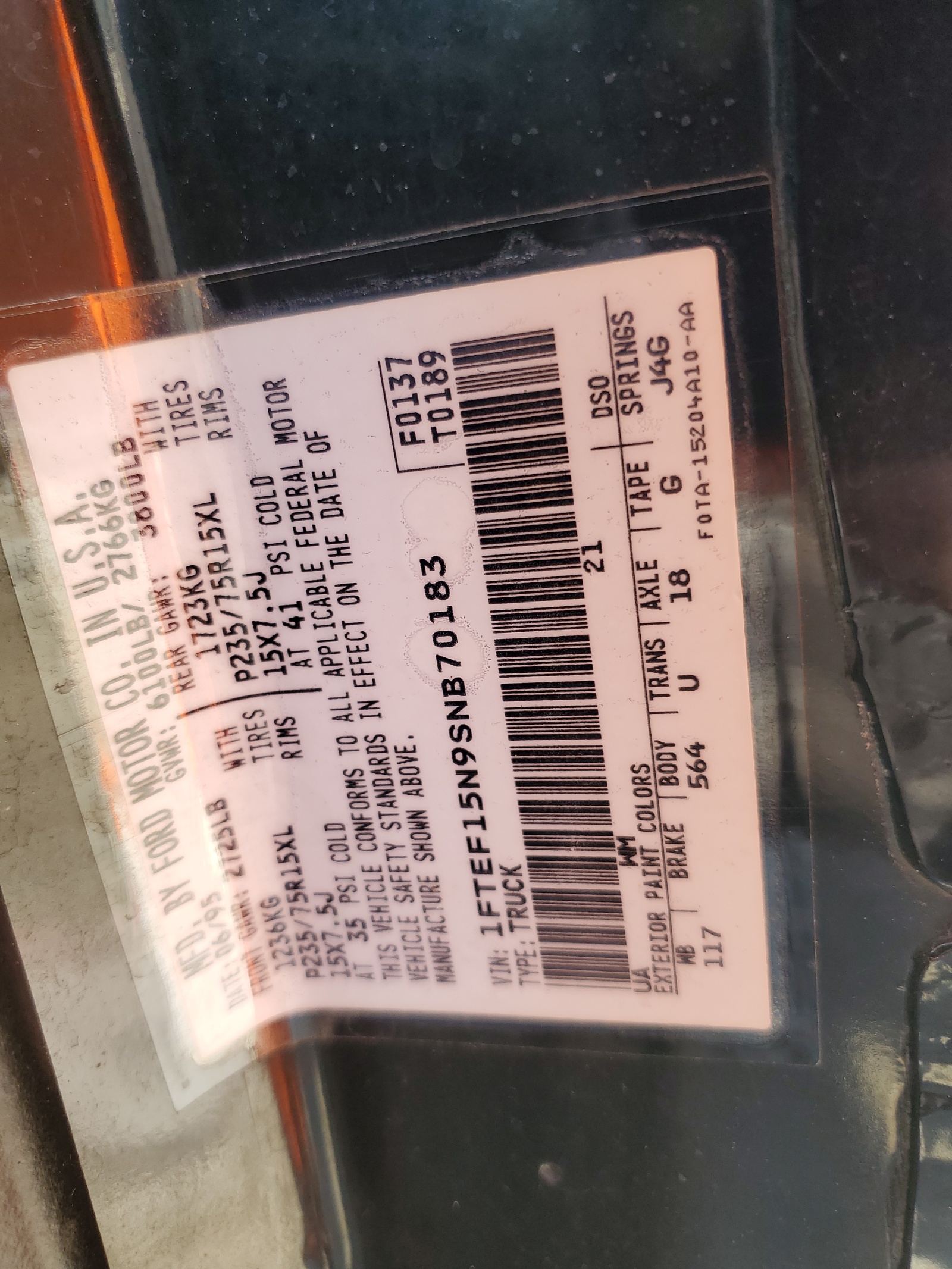 1FTEF15N9SNB70183 1995 Ford F150