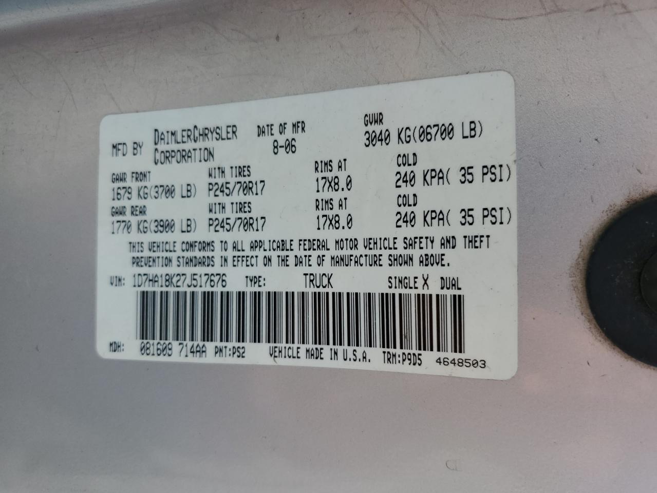 2007 Dodge Ram 1500 St VIN: 1D7HA18K27J517676 Lot: 63148654