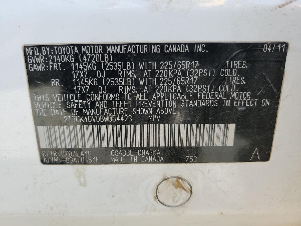 2011 Toyota Rav4 Limited VIN: 2T3DK4DV0BW054423 Lot: 63306334