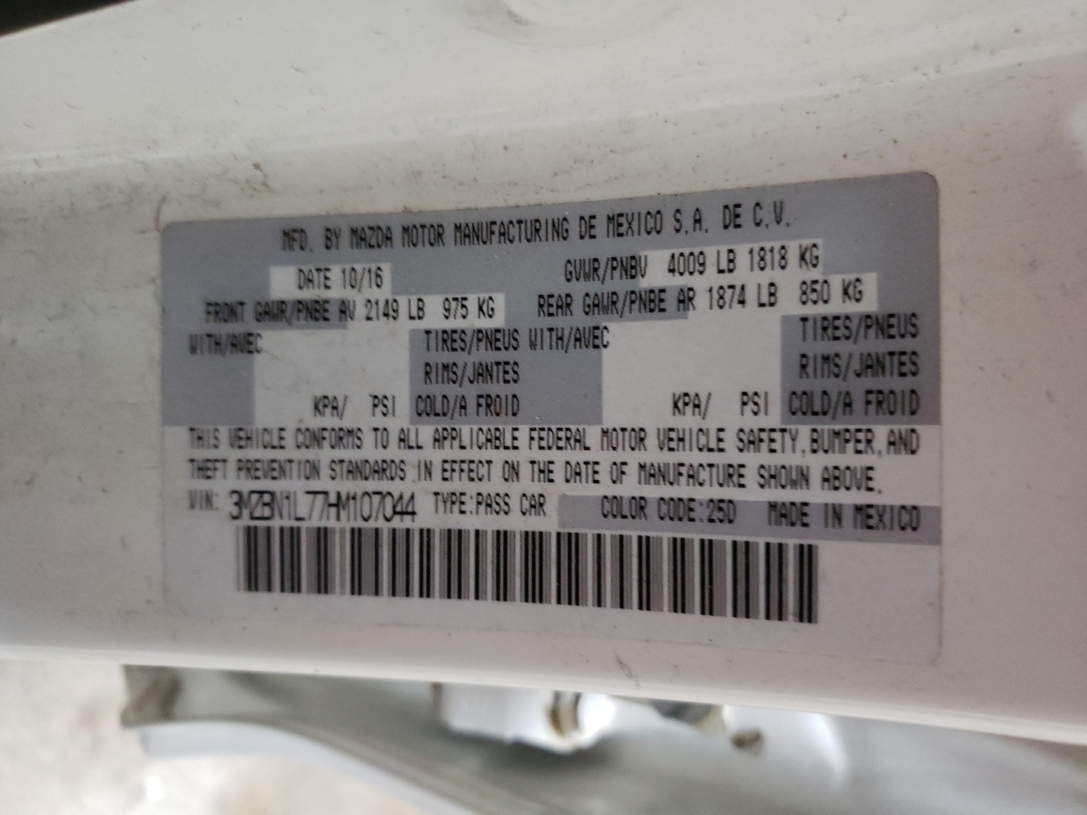 3MZBN1L77HM107044 2017 Mazda 3 Touring