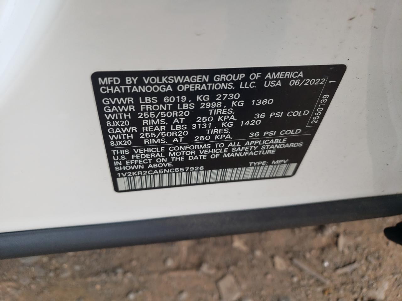 2022 Volkswagen Atlas Se VIN: 1V2KR2CA5NC557926 Lot: 61479874