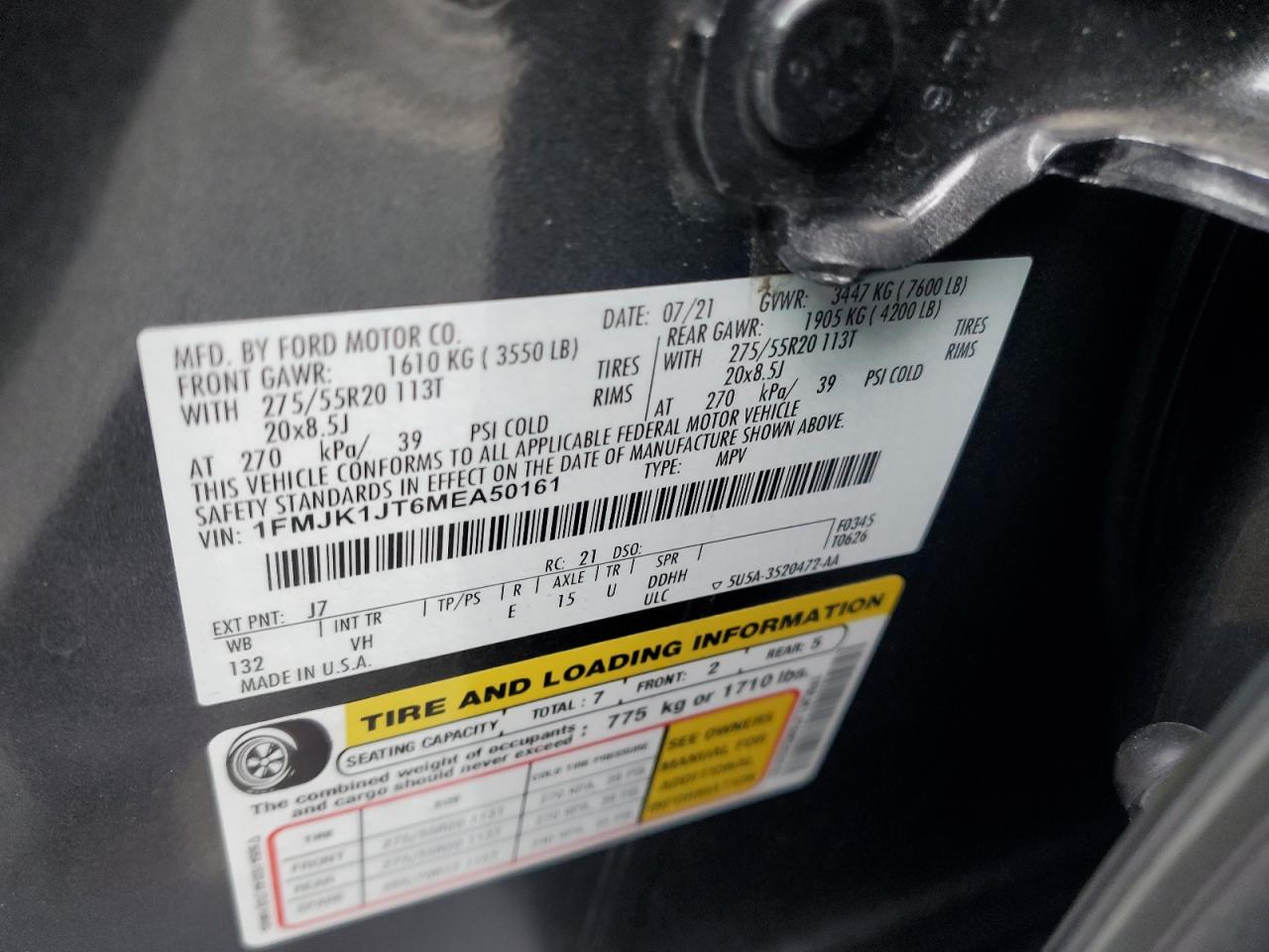 2021 Ford Expedition Max Xlt VIN: 1FMJK1JT6MEA50161 Lot: 63691524